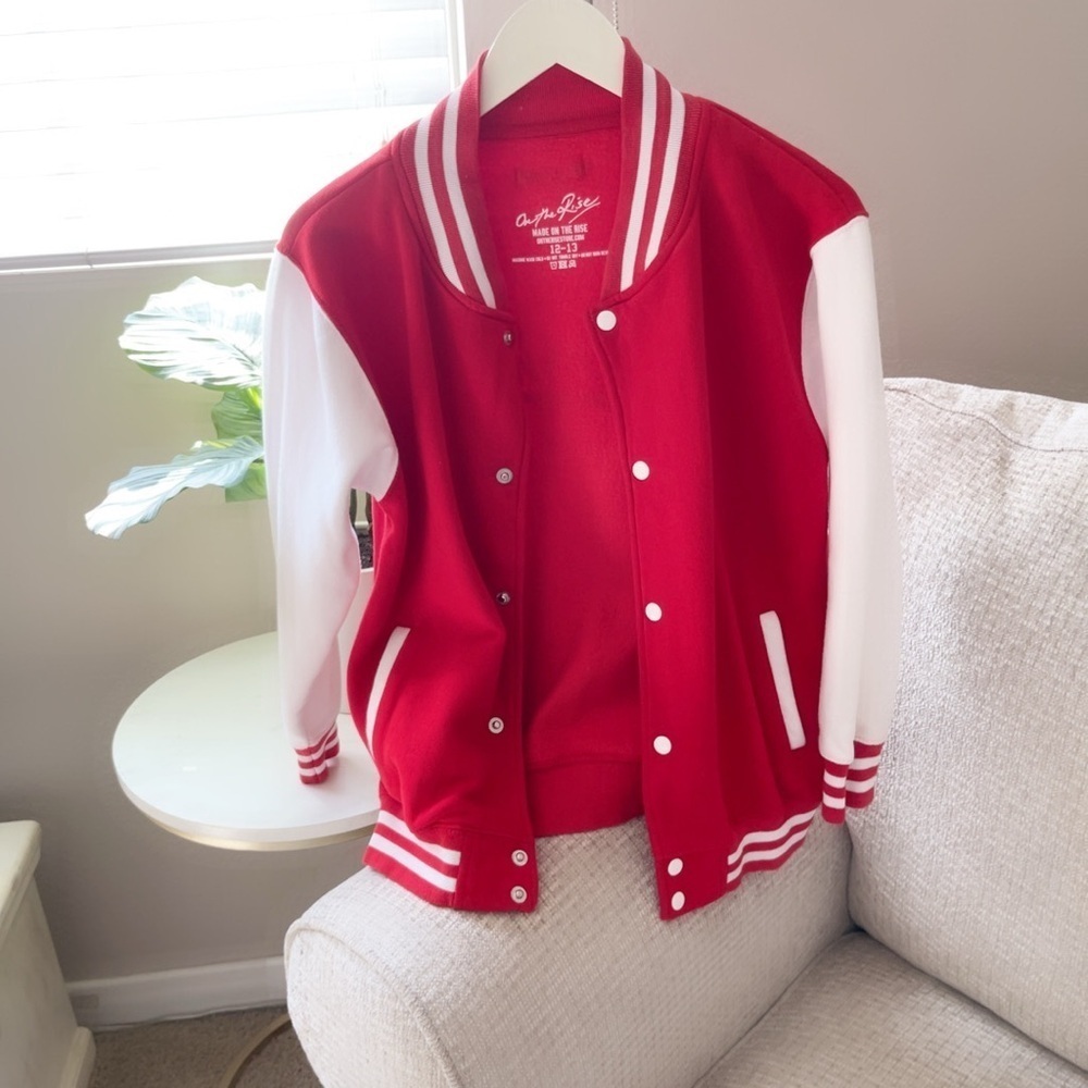 Malibu peer store On the Rise Red and White women /kids Varsity Jacket - Picture 4 of 5
